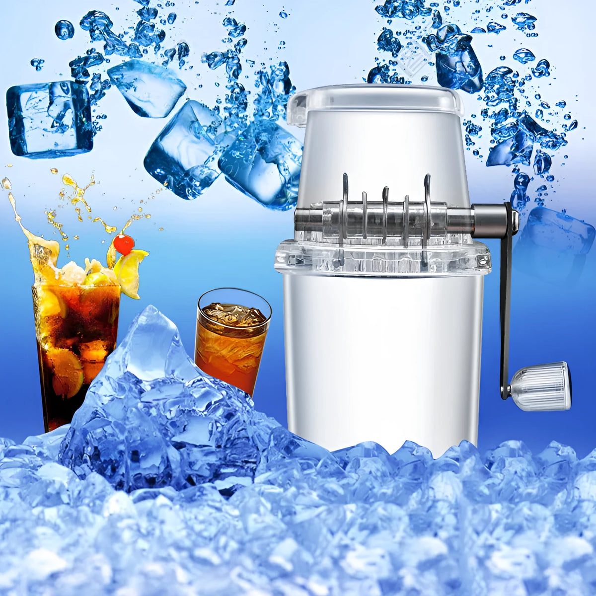 Manual ice crusher with 2L capacity, stainless steel and reinforced PP and PS, 23.9 x 16 x 12cm, transparent or grey