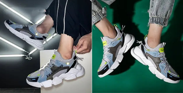 Men's grey moon breathable mesh lace-up casual shoes with reflective accents and low heel