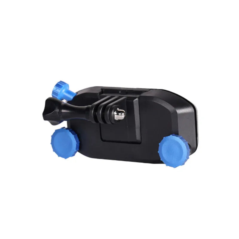 Blue and red plastic sports camera backpack clip with shoulder strap buckle for loads under 2 kg.