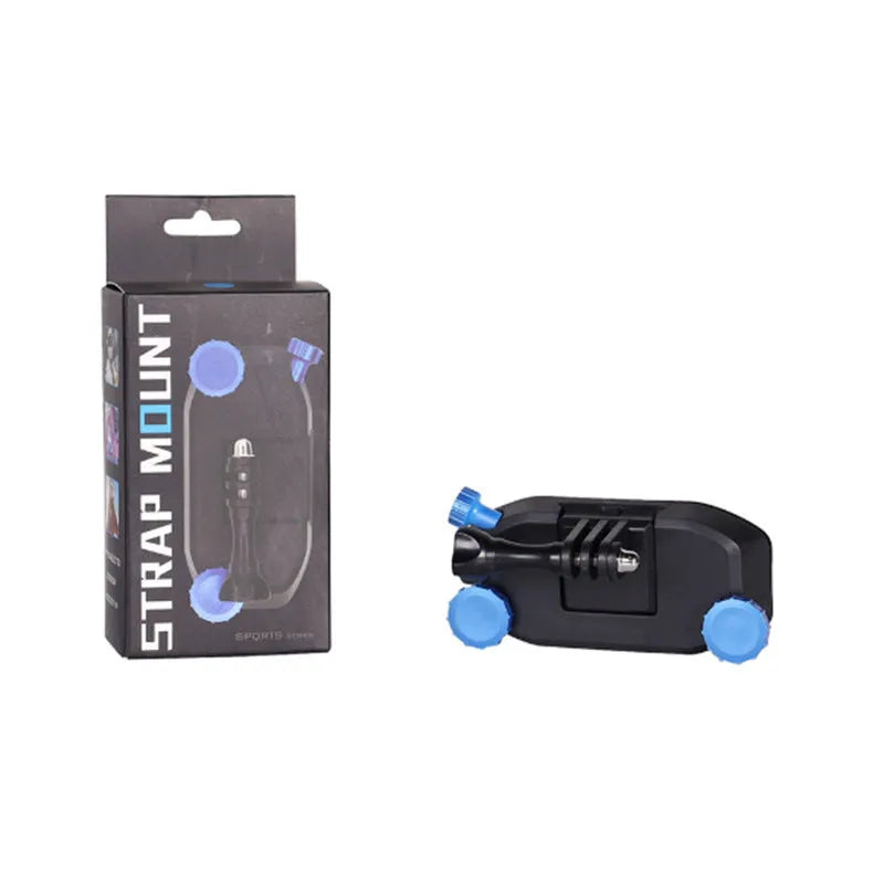 Blue and red plastic sports camera backpack clip with shoulder strap buckle for loads under 2 kg.