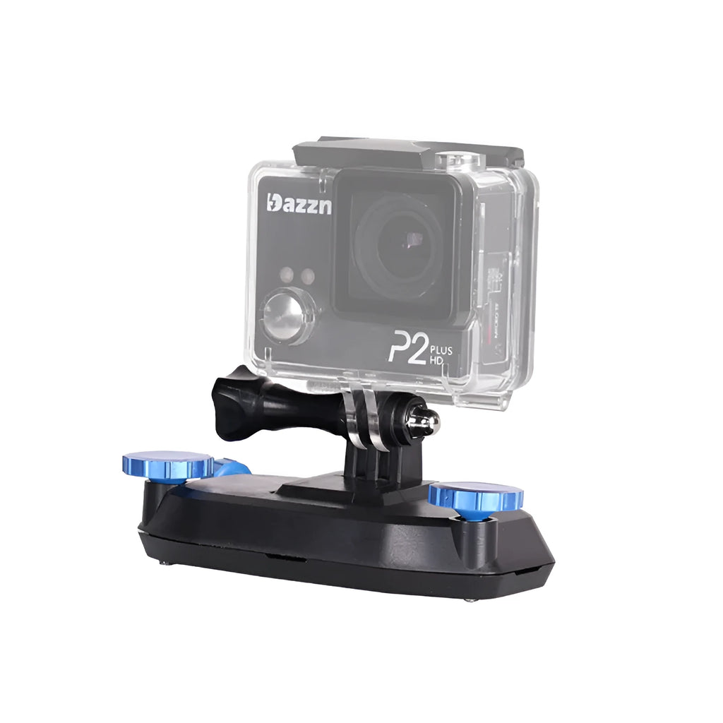 Blue and red plastic sports camera backpack clip with shoulder strap buckle for loads under 2 kg.