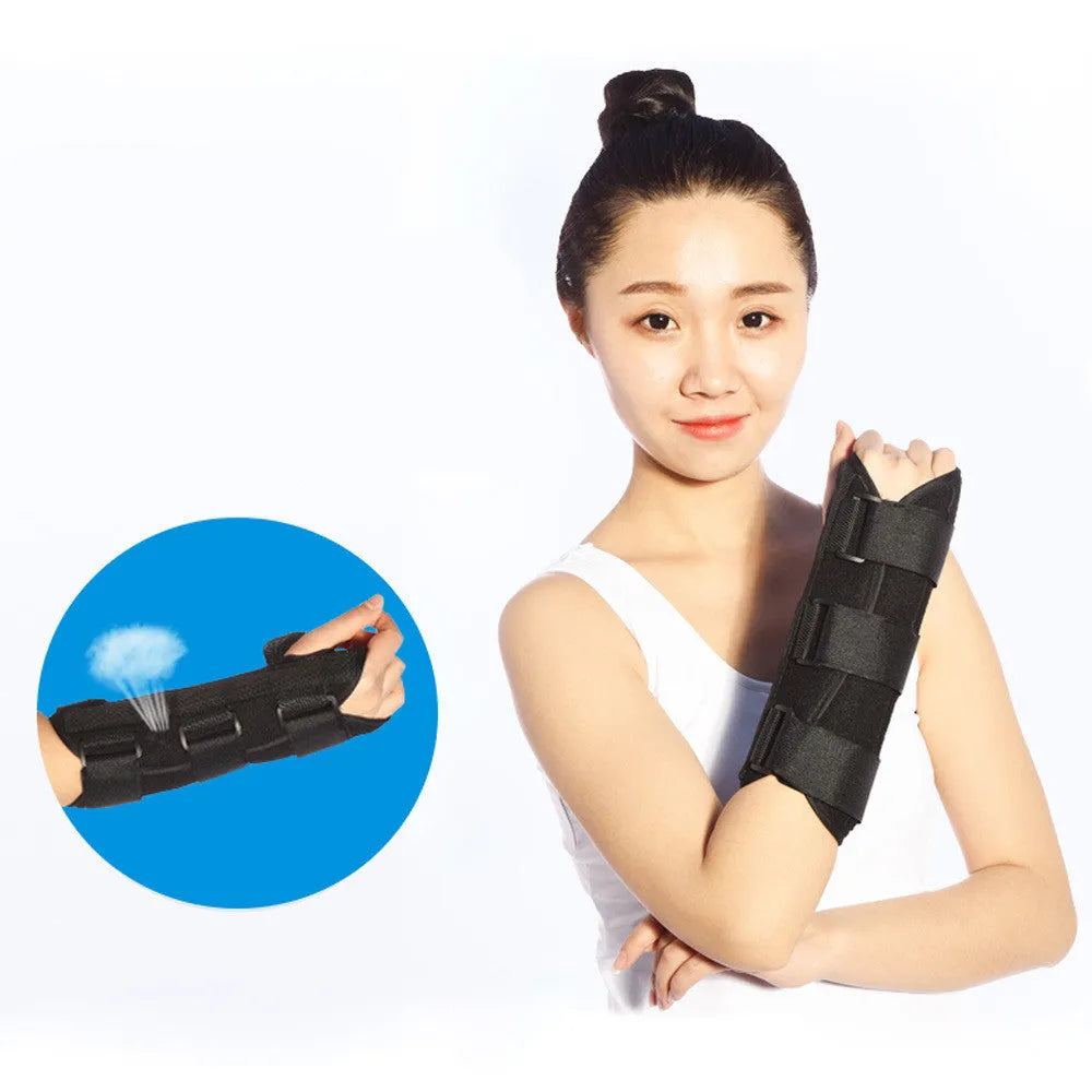 Black wrist brace with steel plate for fracture fixation, available in left and right hand versions and three sizes