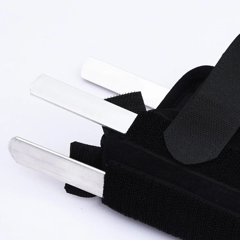 Black wrist brace with steel plate for fracture fixation, available in left and right hand versions and three sizes