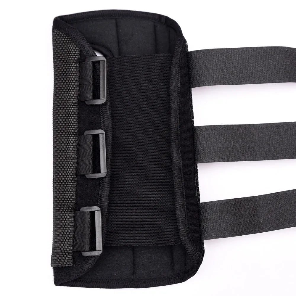 Black wrist brace with steel plate for fracture fixation, available in left and right hand versions and three sizes