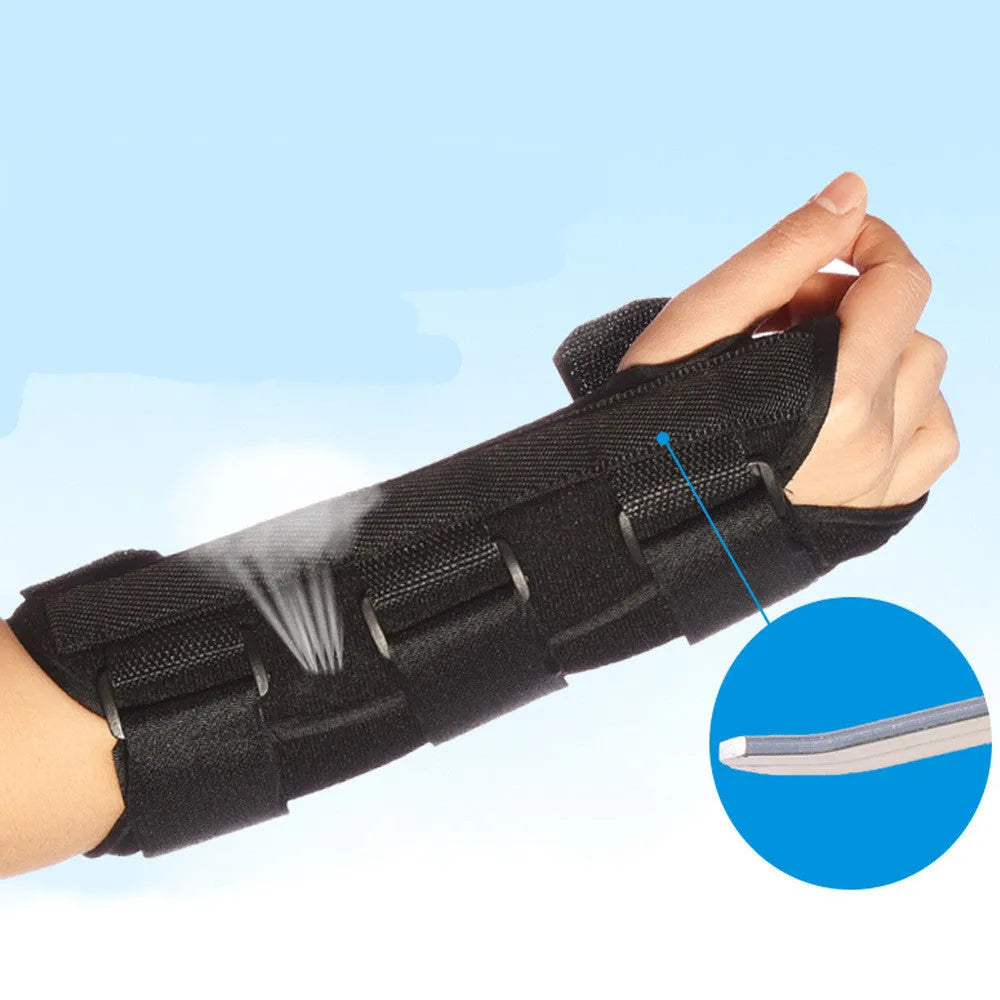 Black wrist brace with steel plate for fracture fixation, available in left and right hand versions and three sizes