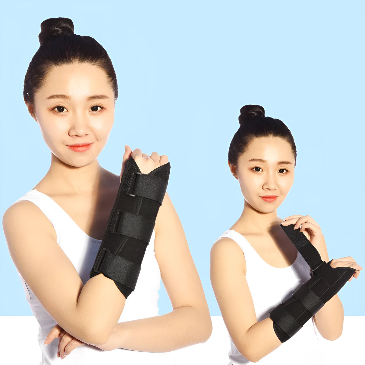 Black wrist brace with steel plate for fracture fixation, available in left and right hand versions and three sizes
