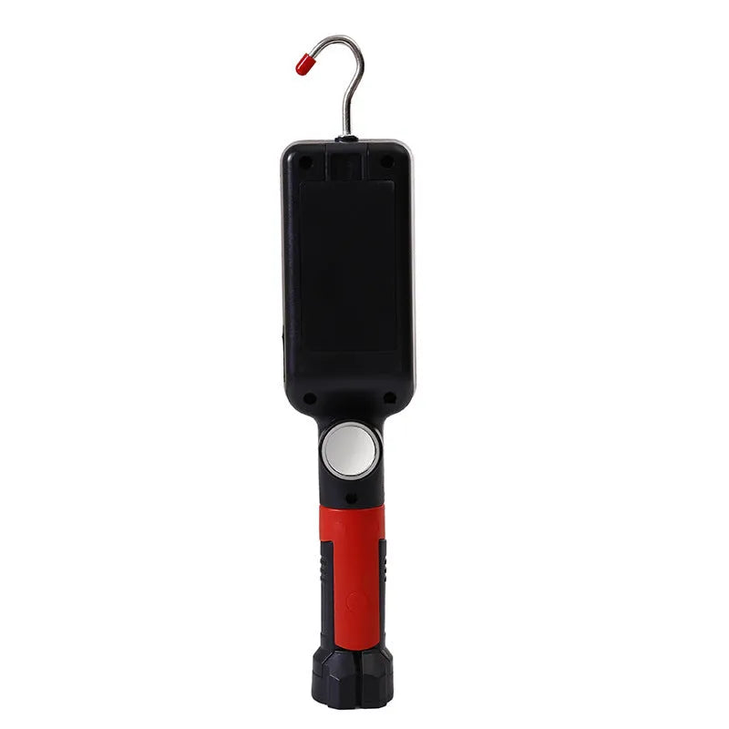 Red portable USB rechargeable COB LED work light with a magnetic hook on the side.