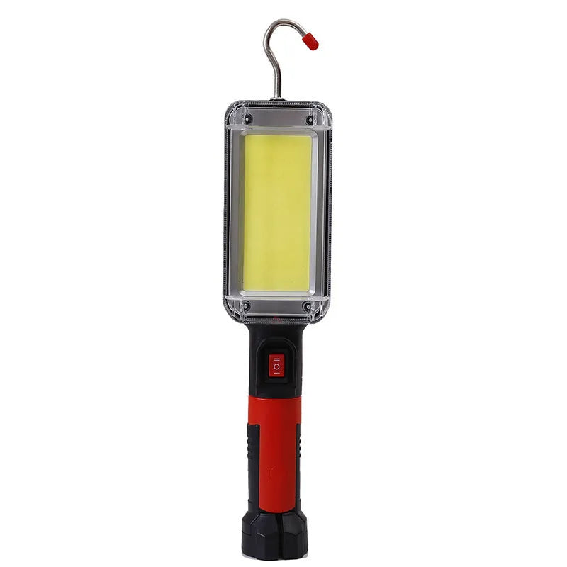 Red portable USB rechargeable COB LED work light with a magnetic hook on the side.
