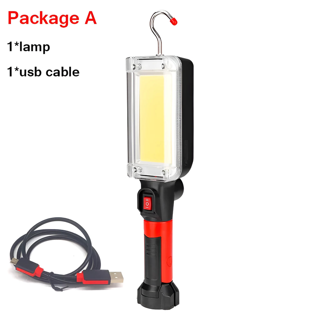 Red portable USB rechargeable COB LED work light with a magnetic hook on the side.