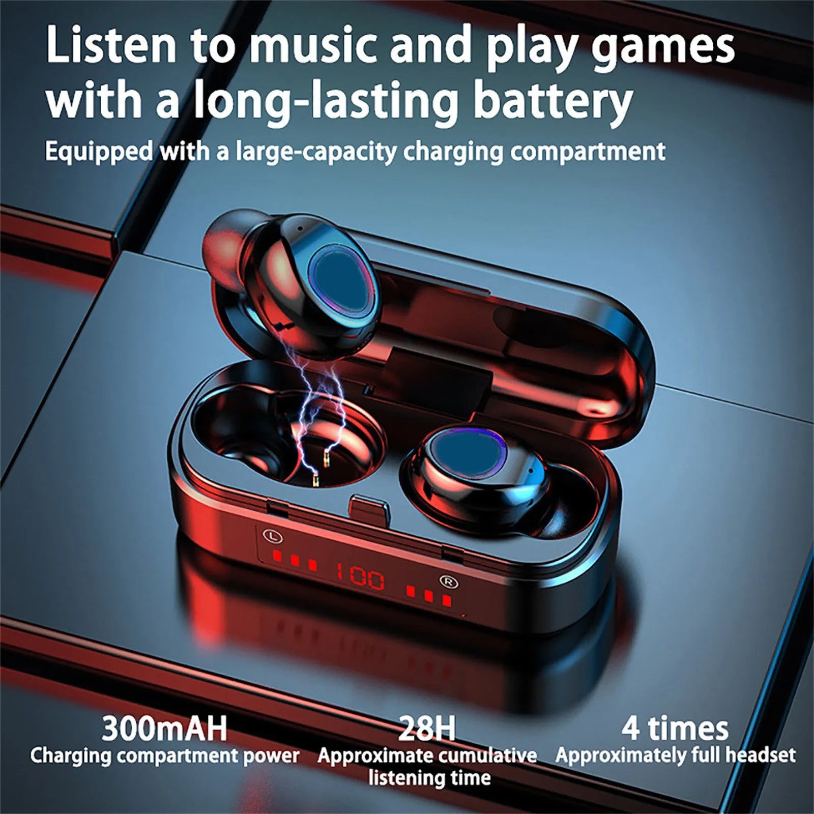 Wireless Bluetooth earphones with charging box and three ear cap sizes