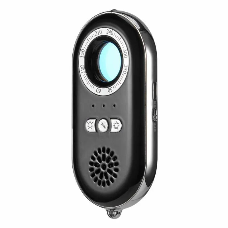 Compact black wireless signal detector alarm with vibration sensor for travel security.
