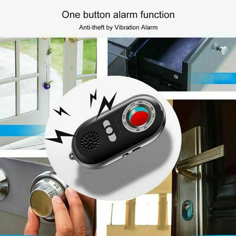 Compact black wireless signal detector alarm with vibration sensor for travel security.