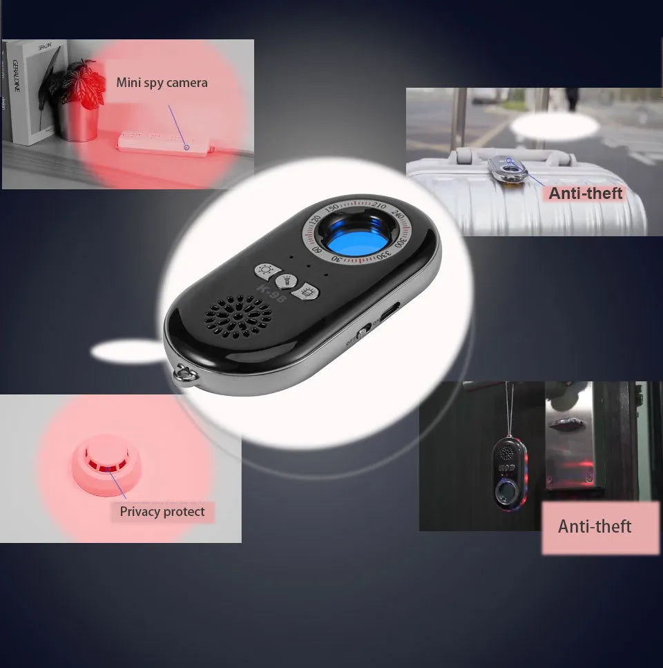 Compact black wireless signal detector alarm with vibration sensor for travel security.