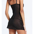 Rose pattern mesh lingerie sling skirt set in black with stretch spandex fabric, front view for women