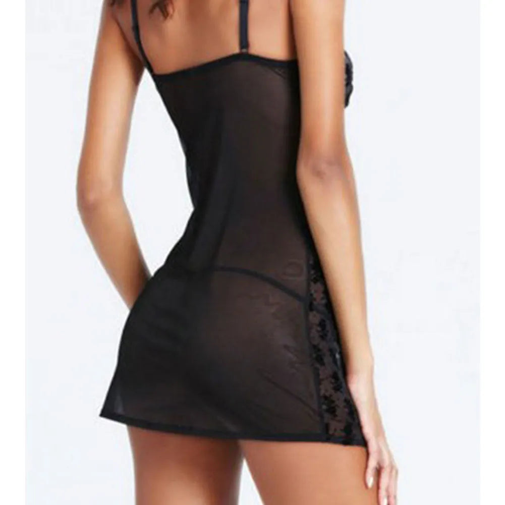 Rose pattern mesh lingerie sling skirt set in black with stretch spandex fabric, front view for women