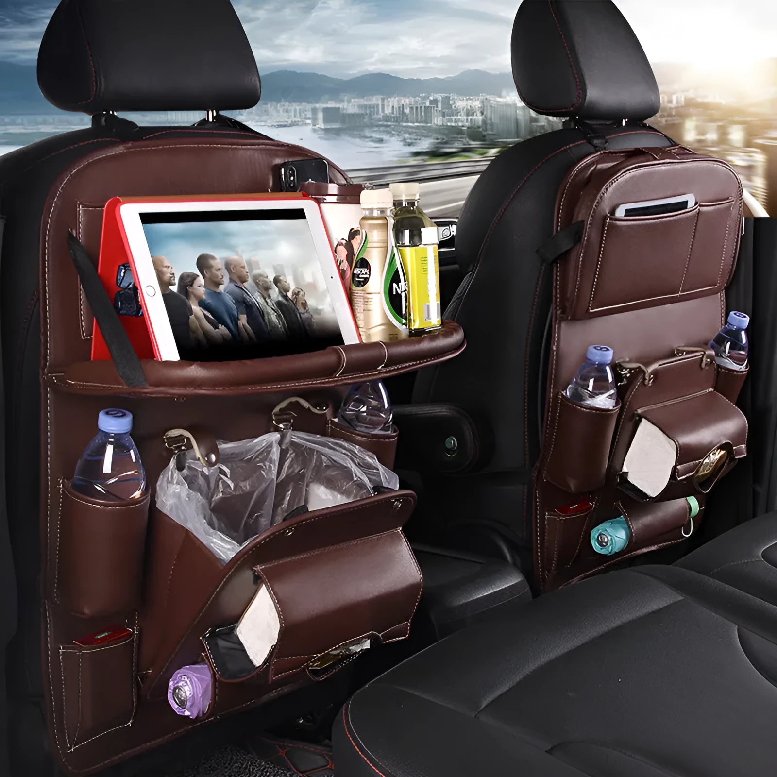 PU leather car seat back storage bag with multiple pockets and built-in trash can in various colours