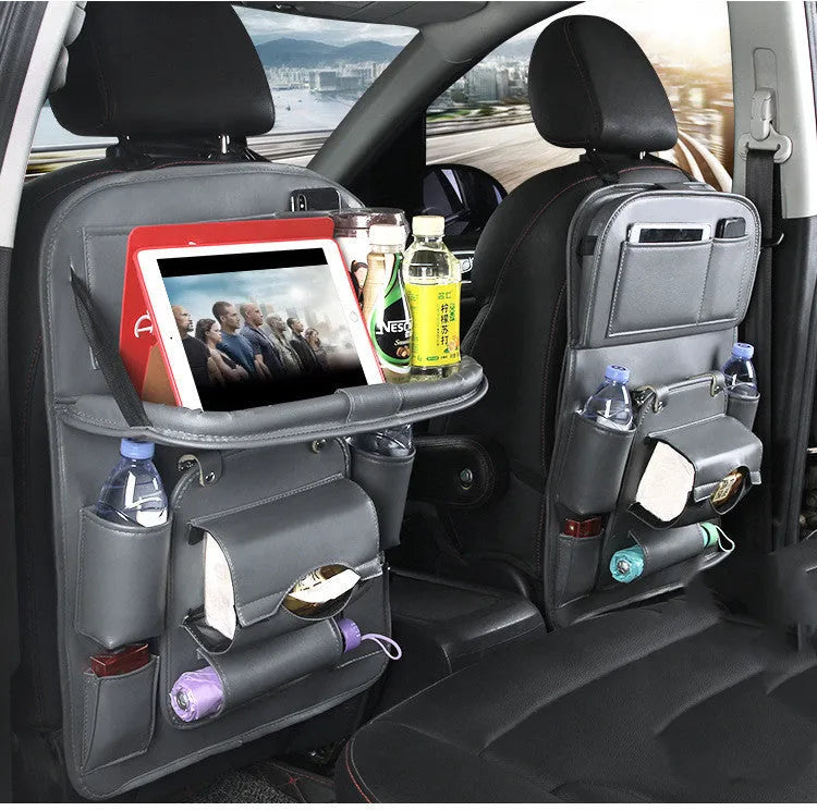 PU leather car seat back storage bag with multiple pockets and built-in trash can in various colours