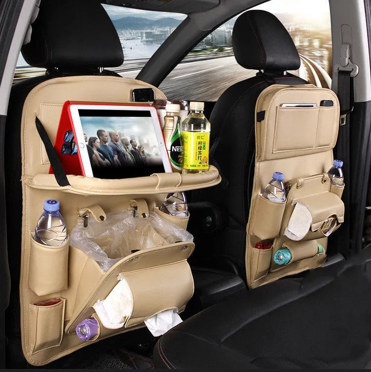 PU leather car seat back storage bag with multiple pockets and built-in trash can in various colours