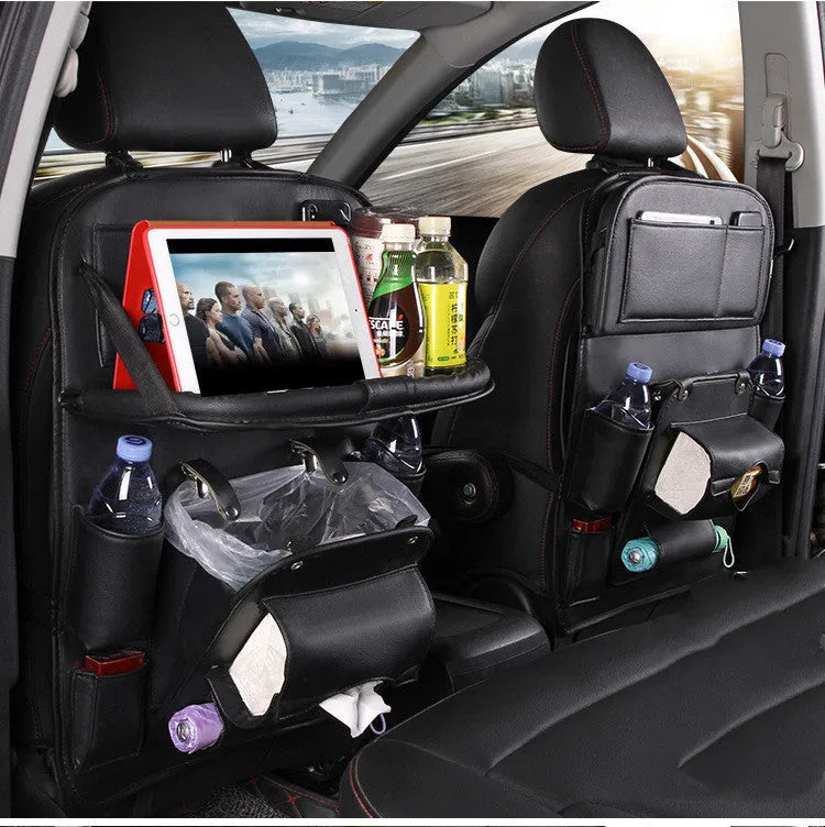 PU leather car seat back storage bag with multiple pockets and built-in trash can in various colours