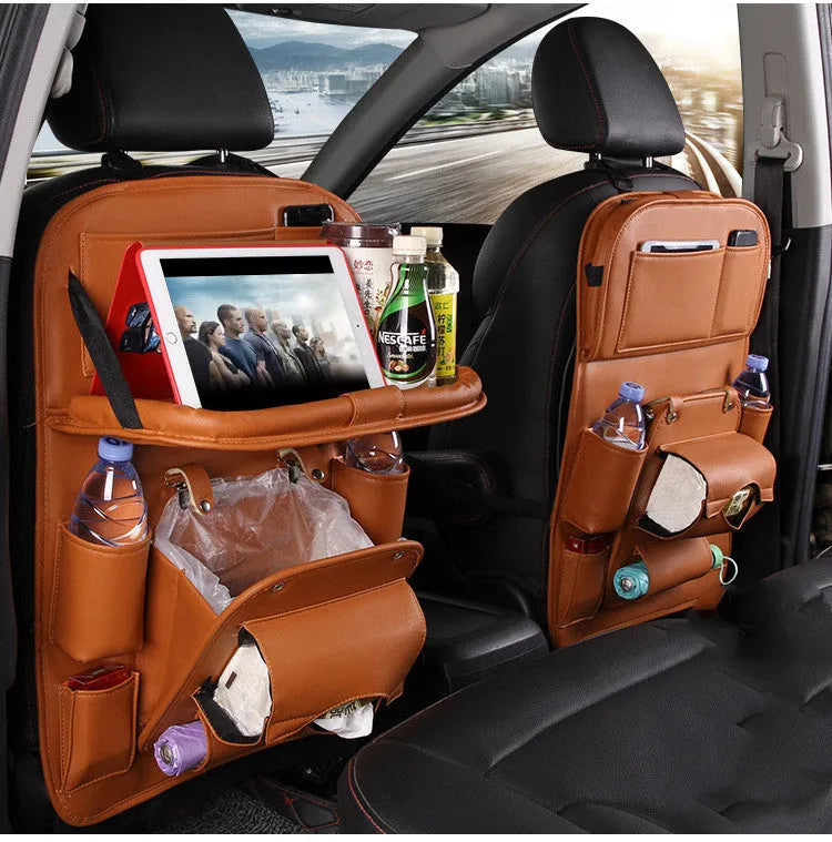 PU leather car seat back storage bag with multiple pockets and built-in trash can in various colours