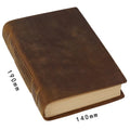 Brown crazy horse leather handmade notebook open on a wooden surface showing 200 pages of Daolin paper
