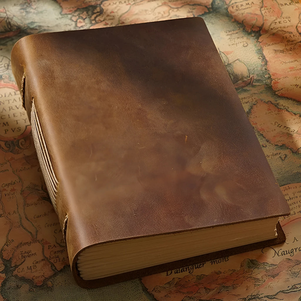 Brown crazy horse leather handmade notebook open on a wooden surface showing 200 pages of Daolin paper