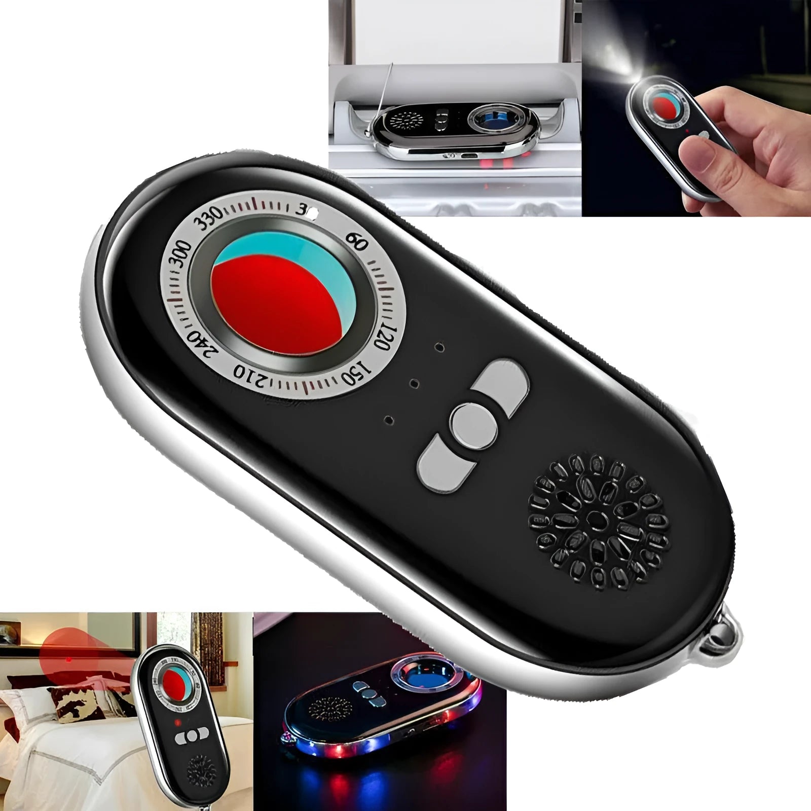 Compact black wireless signal detector alarm with vibration sensor for travel security.