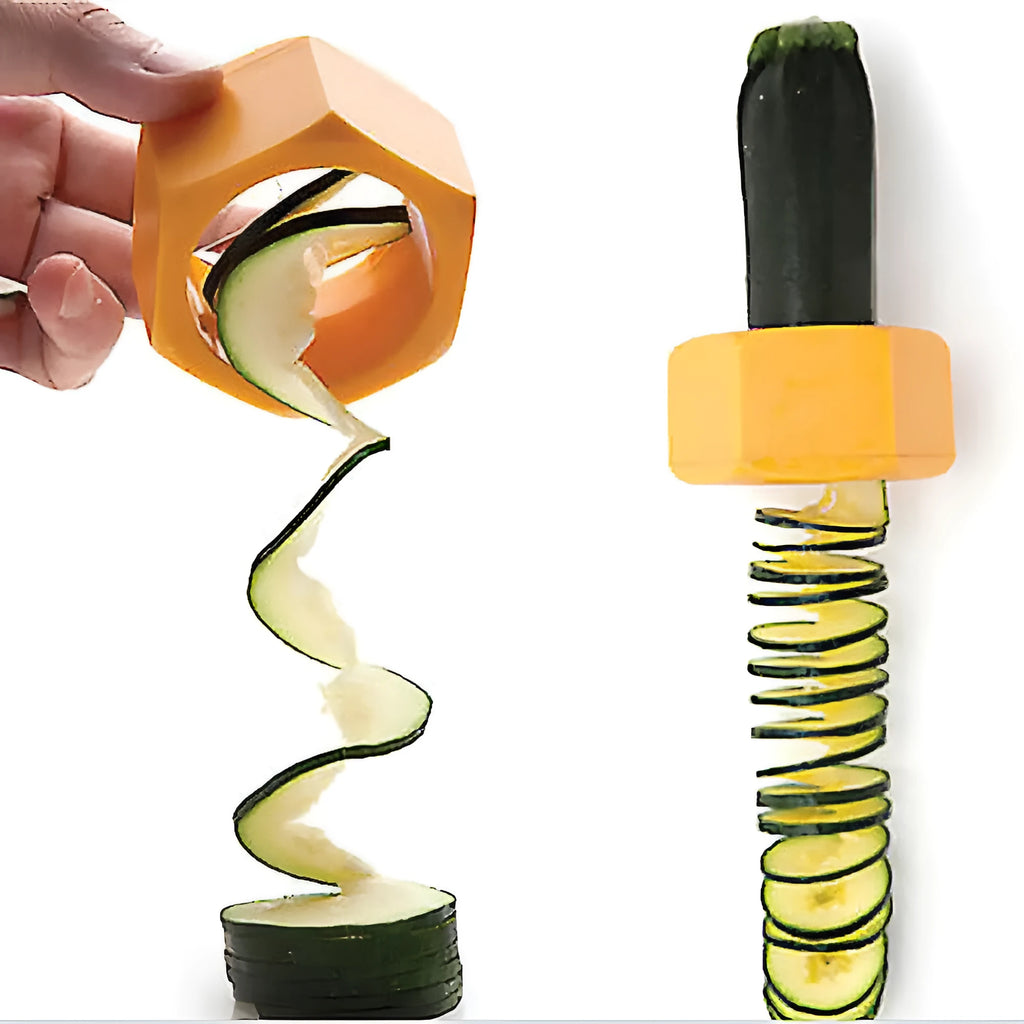 Yellow and green plastic spiral vegetable cutter showing 8cm diameter and spiral cutting mechanism