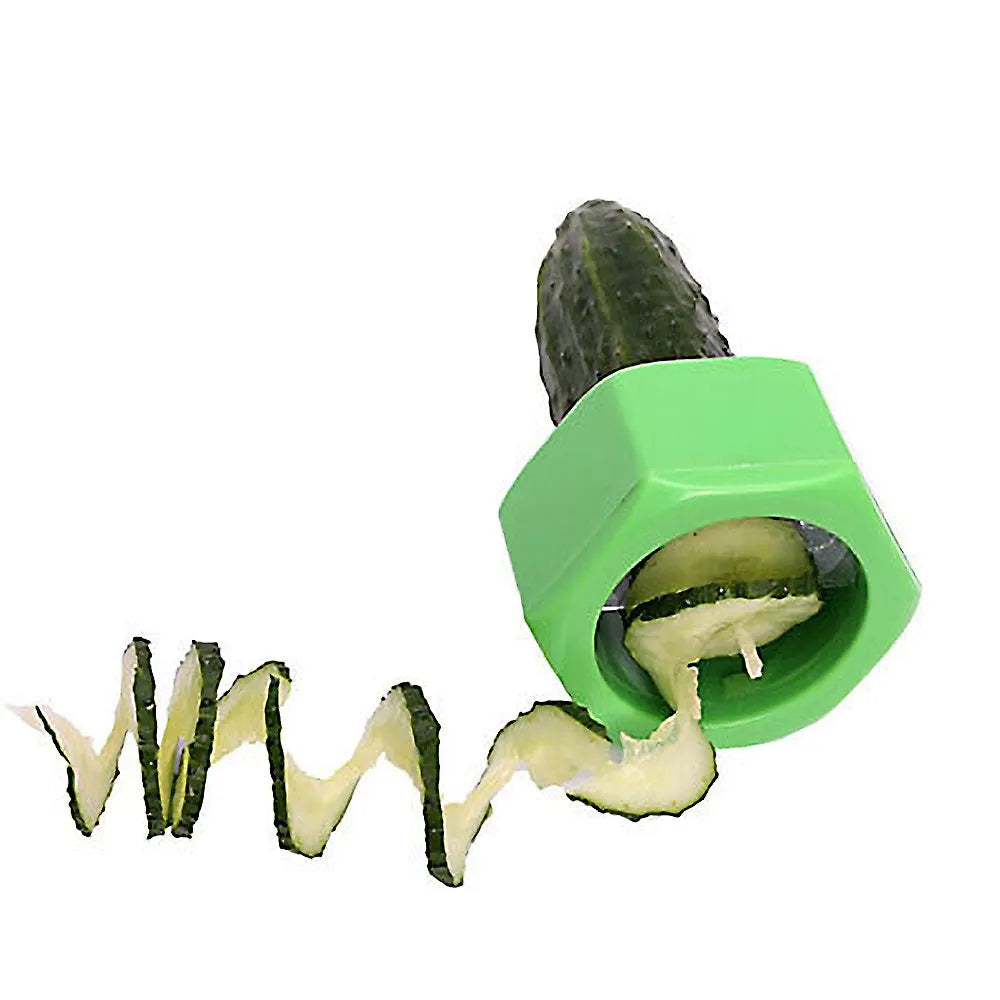Yellow and green plastic spiral vegetable cutter showing 8cm diameter and spiral cutting mechanism