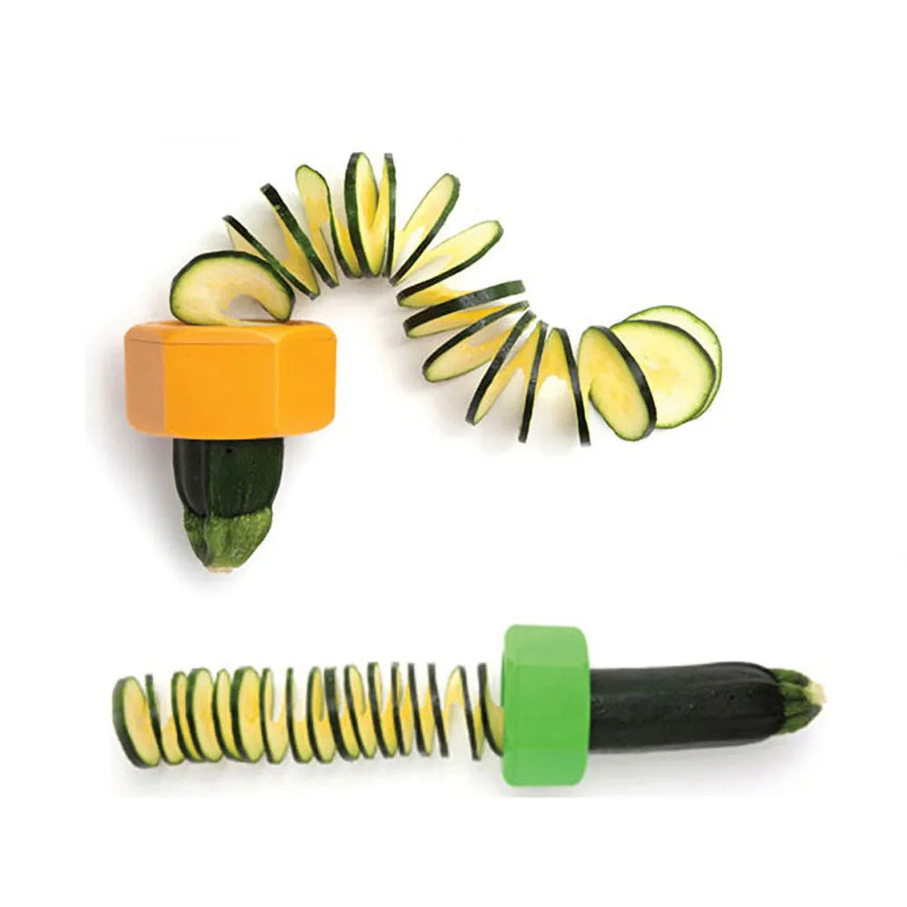 Yellow and green plastic spiral vegetable cutter showing 8cm diameter and spiral cutting mechanism