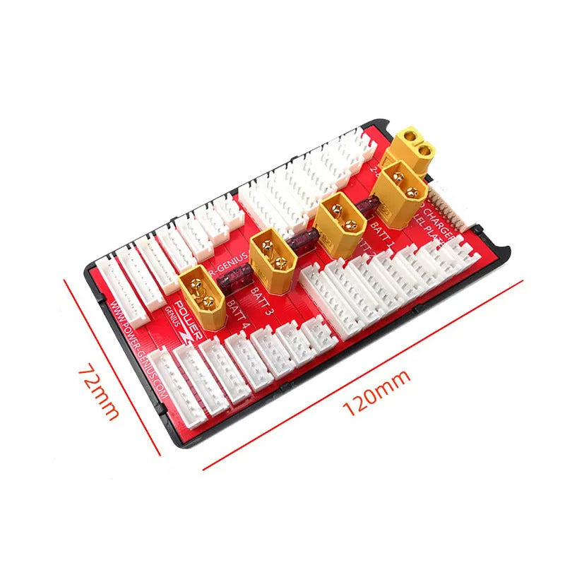 Red V2 parallel charge board with gold-plated connectors and silicone caps for 2-8S RC battery charging