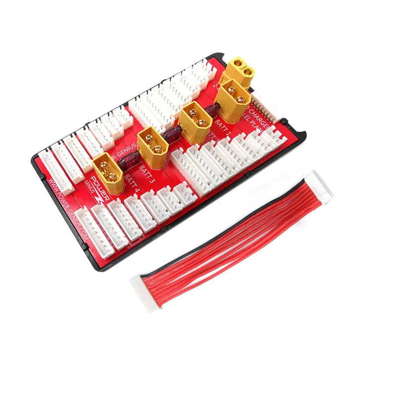 Red V2 parallel charge board with gold-plated connectors and silicone caps for 2-8S RC battery charging