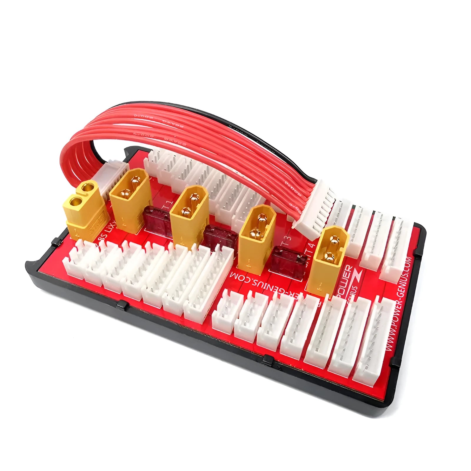 Red V2 parallel charge board with gold-plated connectors and silicone caps for 2-8S RC battery charging