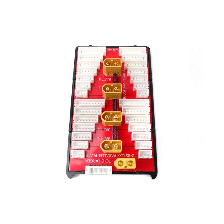 Red V2 parallel charge board with gold-plated connectors and silicone caps for 2-8S RC battery charging