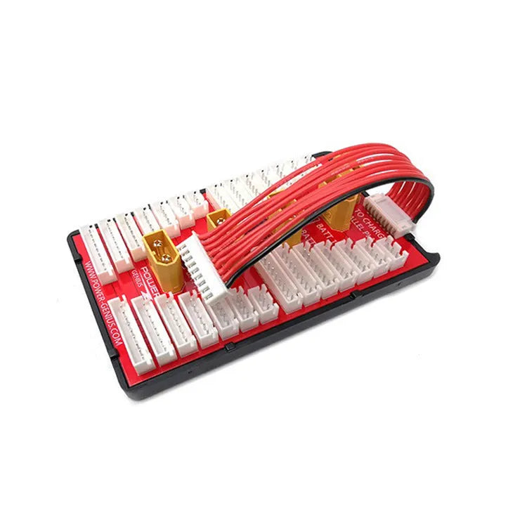 Red V2 parallel charge board with gold-plated connectors and silicone caps for 2-8S RC battery charging