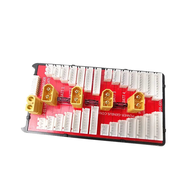 Red V2 parallel charge board with gold-plated connectors and silicone caps for 2-8S RC battery charging