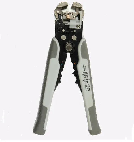 Yellow automatic wire stripper crimping plier with adjustment screw and alloy steel jaws