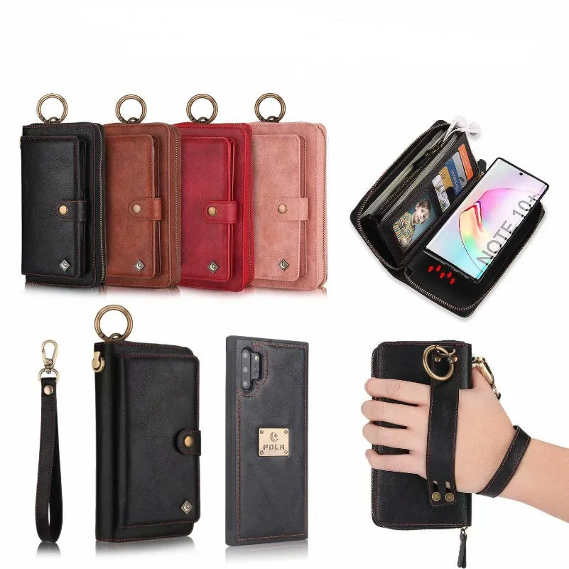 Black PU leather zip wallet case open to show smartphone and card slots.