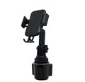 Black ABS plastic car phone holder with 360-degree rotating head and adjustable arm on a car dashboard.