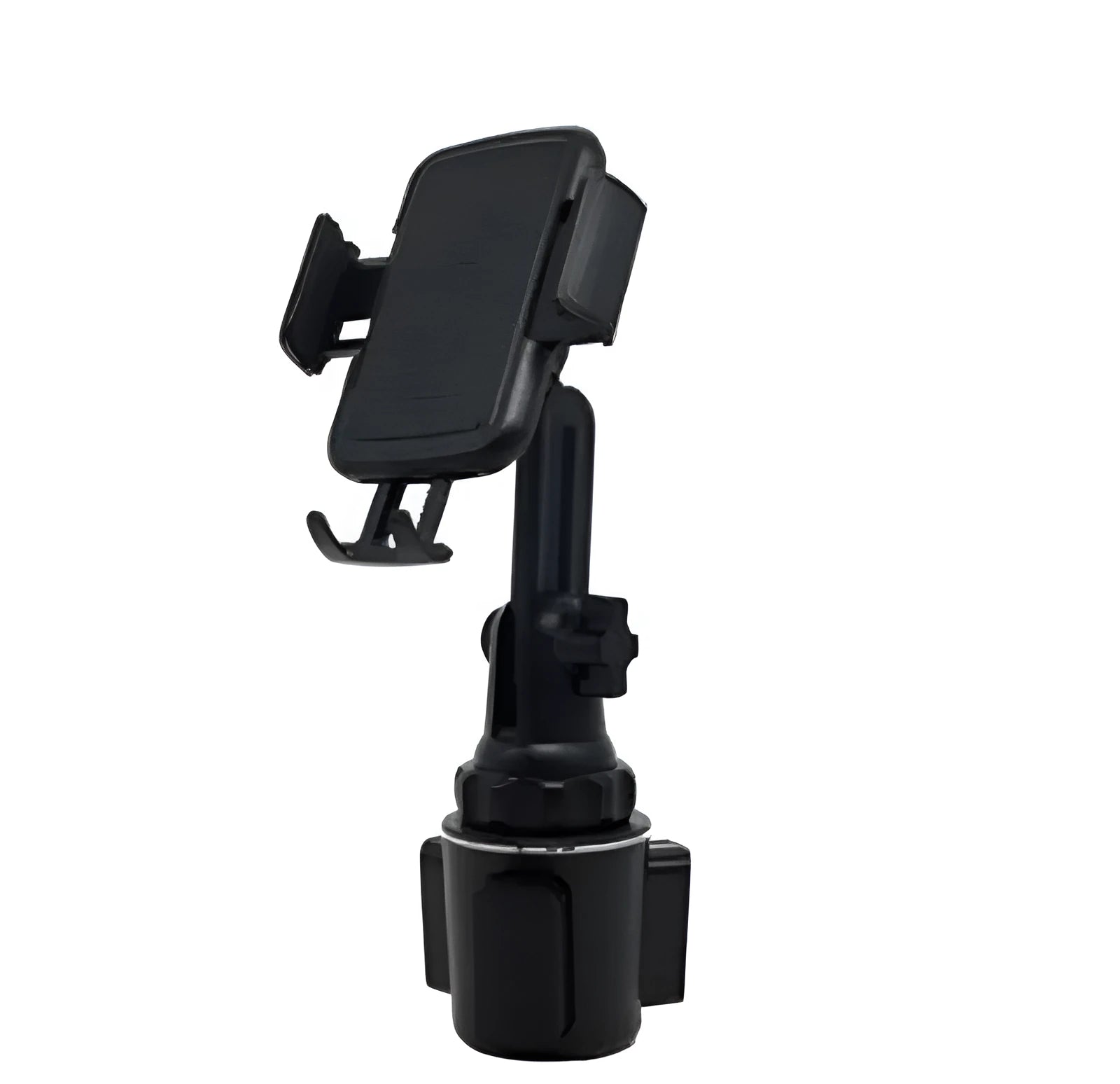 Black ABS plastic car phone holder with 360-degree rotating head and adjustable arm on a car dashboard.