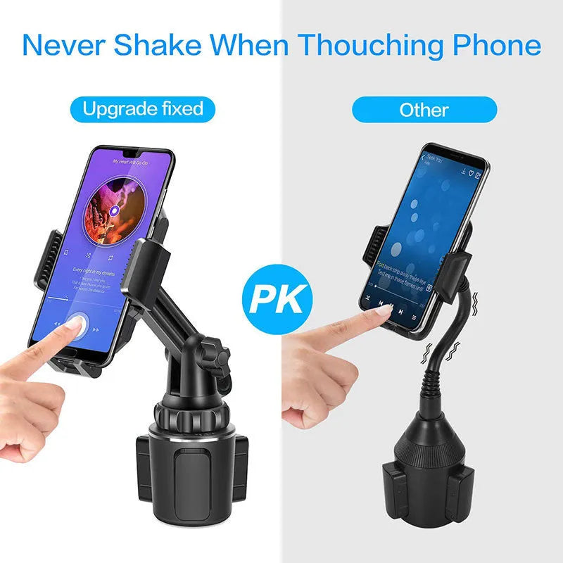 Black ABS plastic car phone holder with 360-degree rotating head and adjustable arm on a car dashboard.