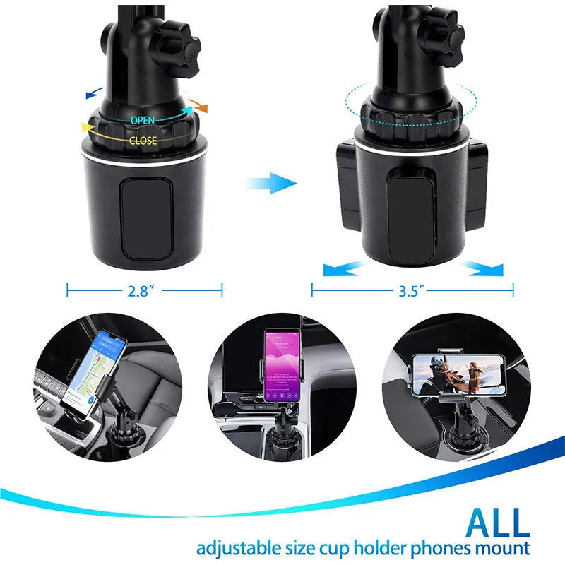 Black ABS plastic car phone holder with 360-degree rotating head and adjustable arm on a car dashboard.