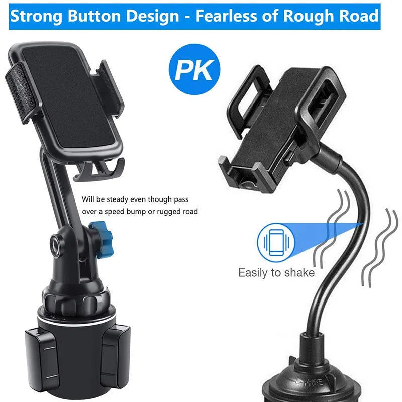 Black ABS plastic car phone holder with 360-degree rotating head and adjustable arm on a car dashboard.