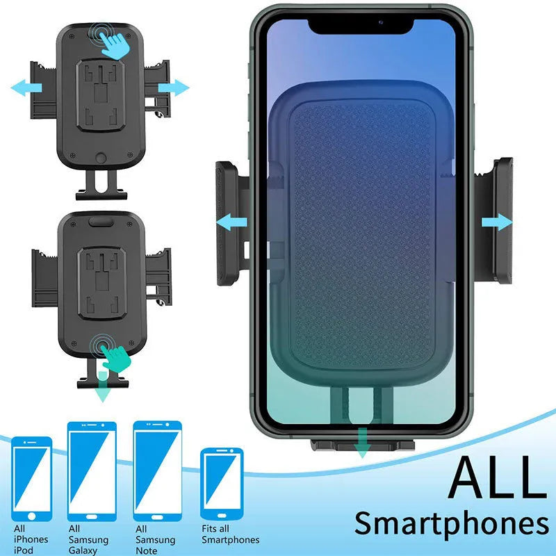Black ABS plastic car phone holder with 360-degree rotating head and adjustable arm on a car dashboard.