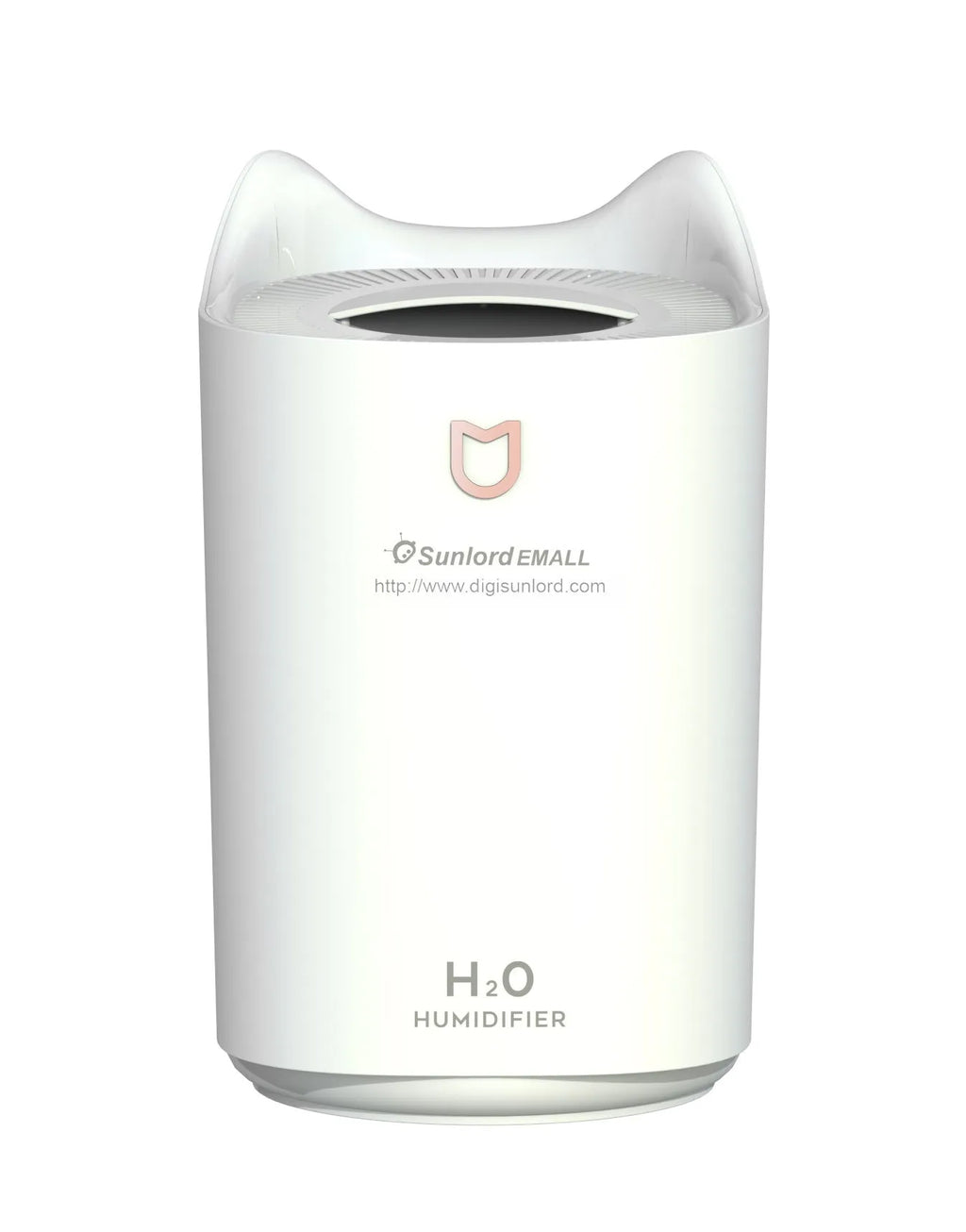 Coral pink and glacier white double spray humidifier with three mist outlets and USB cable