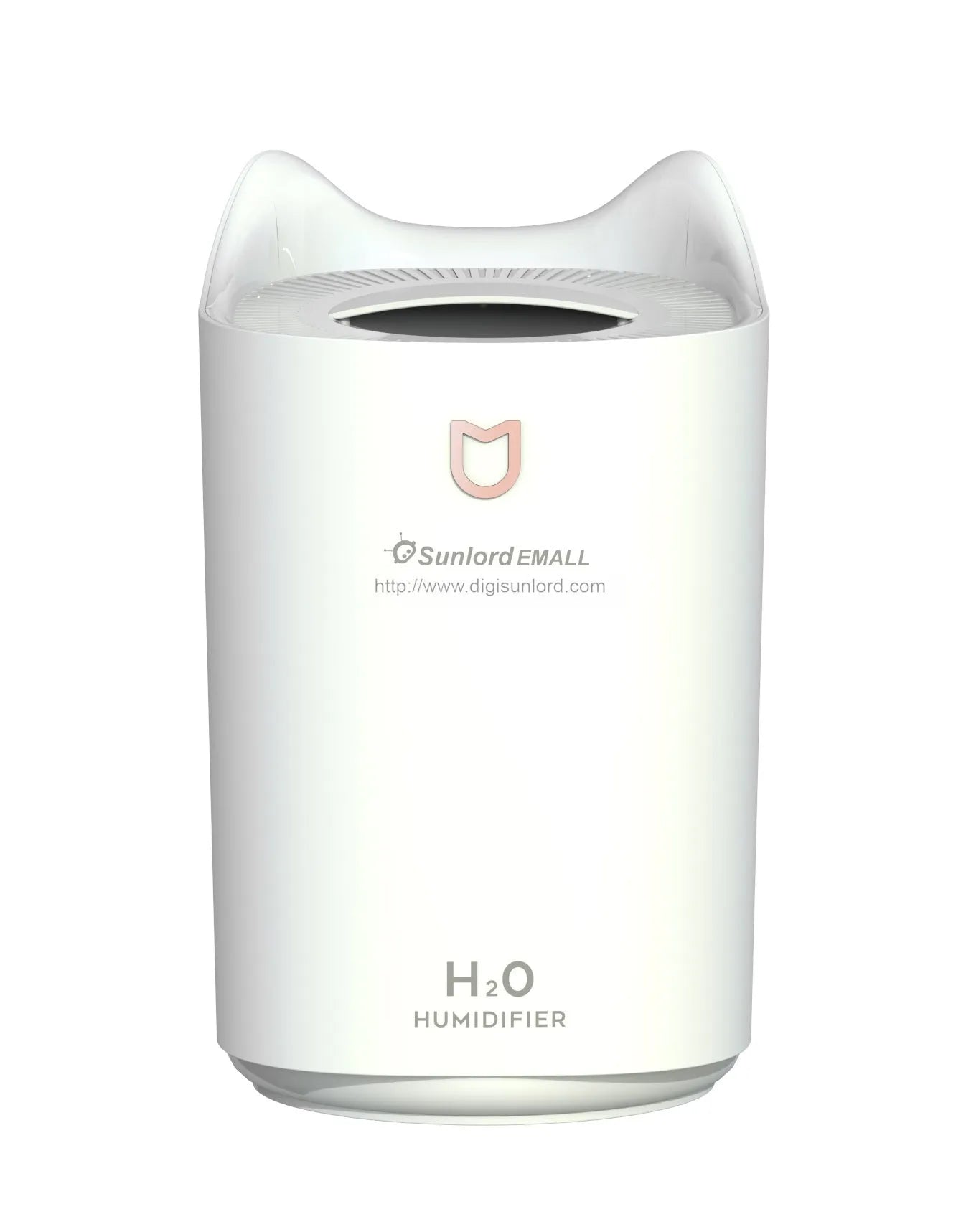 Coral pink and glacier white double spray humidifier with three mist outlets and USB cable