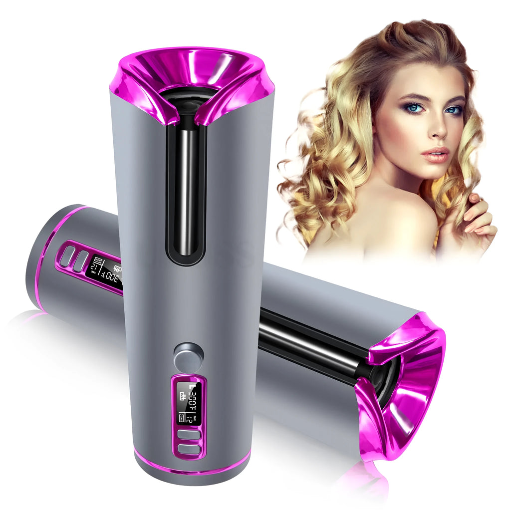 Black and pink portable USB charging automatic curling iron with tourmaline ceramic heat conductor and LCD display