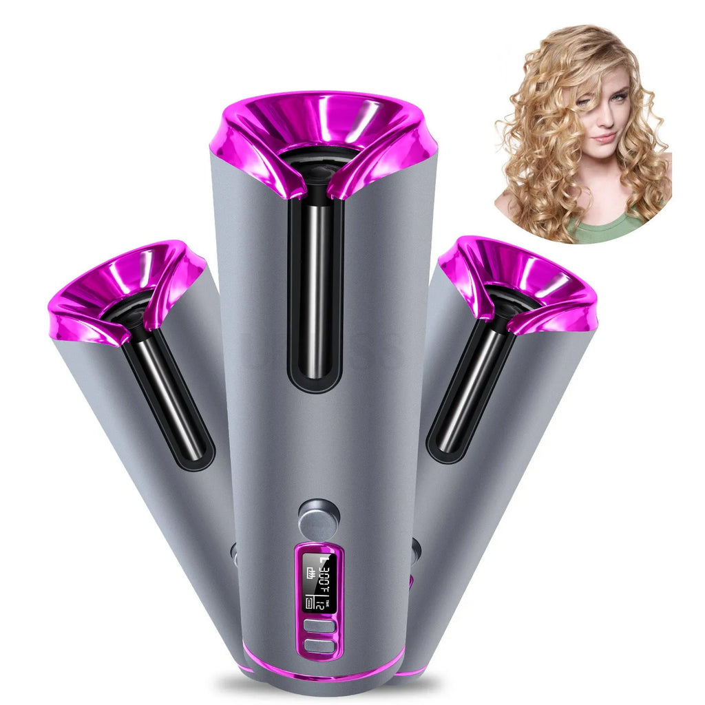 Black and pink portable USB charging automatic curling iron with tourmaline ceramic heat conductor and LCD display