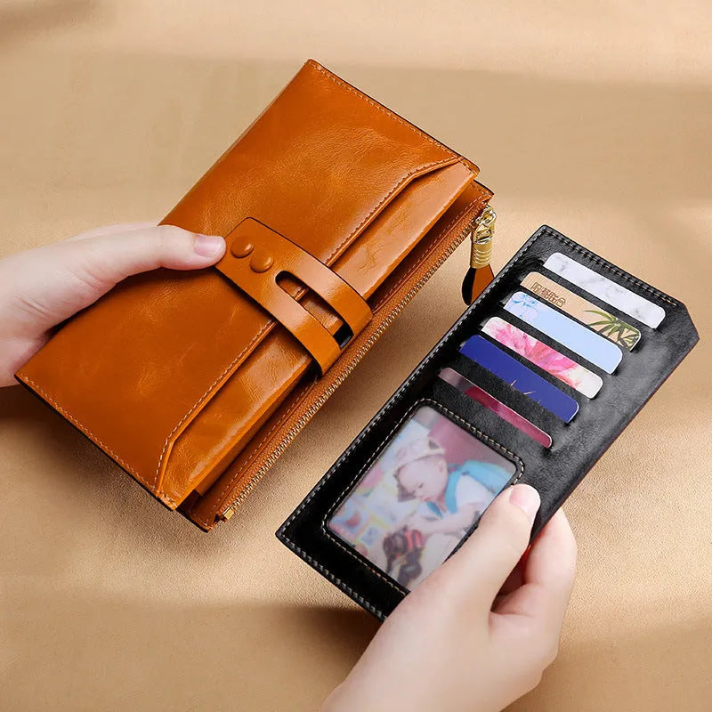 Retro style women's oil wax leather wallet showing multiple card slots, cash clip, and buckle closure in natural yellow colour