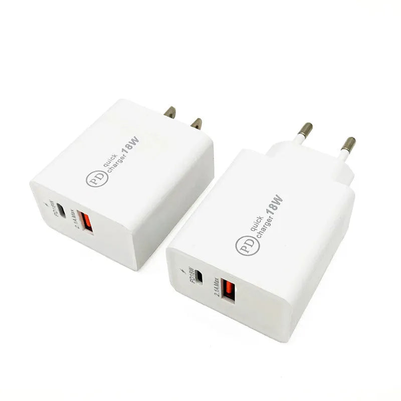 18W USB-C PD fast wall charger with smart power delivery in black or white with US or EU plug options